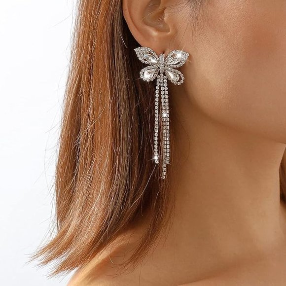 Butterfly Chandelier Pave Rhinestone CZ Crystal Silver Earrings Butterflies New - Picture 2 of 6